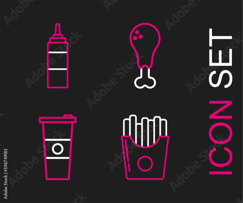 Set line Potatoes french fries in carton package box  Paper glass and water  Chicken leg and Sauce bottle icon. Vector