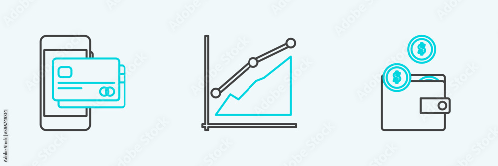 Set line Wallet with coins, Mobile phone and credit card and Pie chart infographic icon. Vector Set line Wallet with coins, Mobile phone and credit card and Pie chart infographic icon. Vector