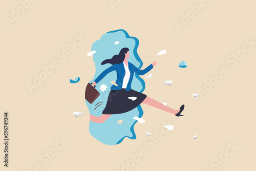 Overcome obstacle or breakthrough wall, courage or determination, woman or gender barrier, female leadership to solve problem, career or comfort zone, courage businesswoman jump breakthrough wall.