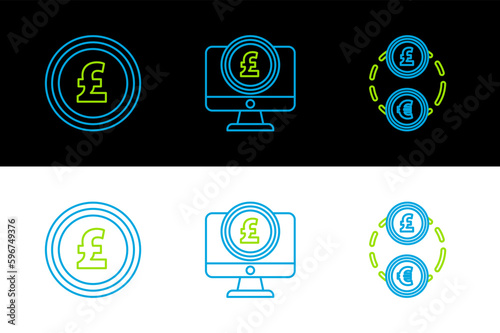 Set line Money exchange, Coin money with pound sterling symbol and Computer monitor icon. Vector