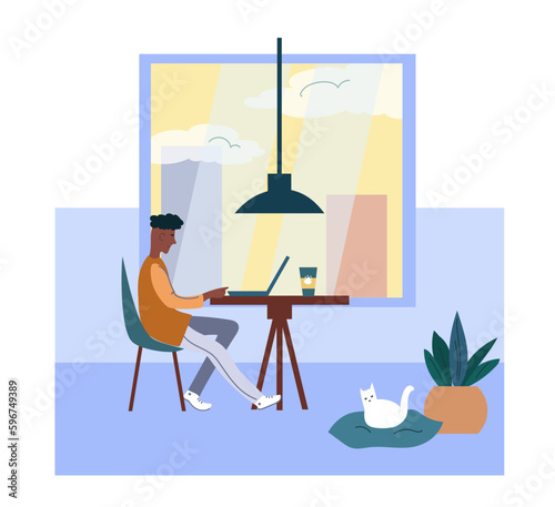 There are a lot of people, dogs and cats in the friendly pet cafe. Flat vector cartoon illustration.