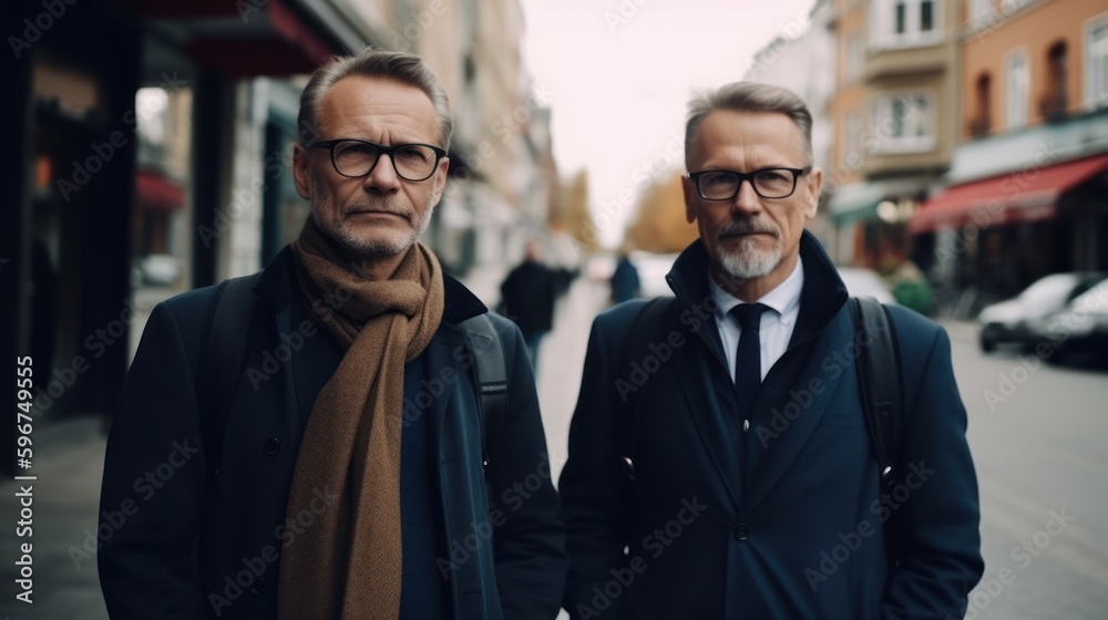 Handsome middle-aged business mans on the street. Generative AI 