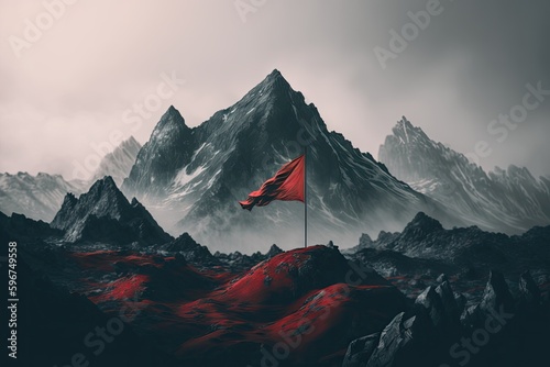 peak with red flag and view of misty mountain range, created with generative ai