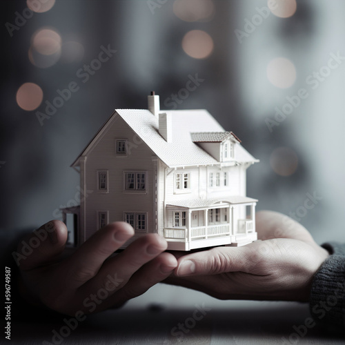 A model house in the palm of a human hands being passed to another hand. A.I. generated.
