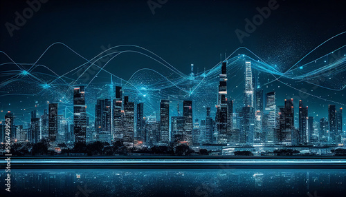 Skyline einer Stadt mit 5g Hotspots beleuchtet virtuell 3d Netzpolitik, Generative AI  photo