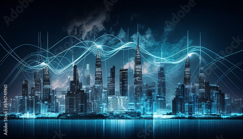 Netzpolitik mit Recht auf Datenlöschung, virtuelle 3d Stadt blau mit Datenanbindung über 5g Satelliten, Generative AI 