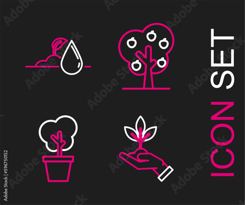 Set line Plant in hand of environmental protection, Tree pot, with apple and Watering sprout icon. Vector