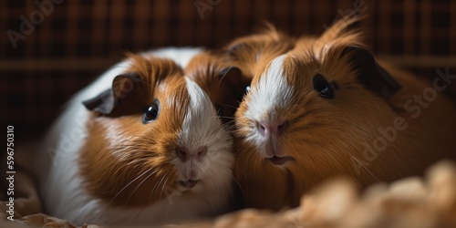 A pair of guinea pigs snuggling together in their cozy cage, concept of Cuddling mammals, created with Generative AI technology