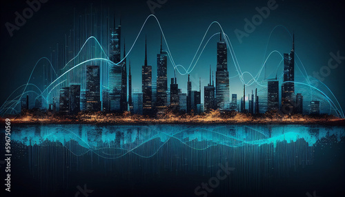 Zukunftsvision einer Stadt  blau leuchtend digital  Signale und Funkwellen   ber der Stadt  5g Netz Technologie Satellit  Generative AI 
