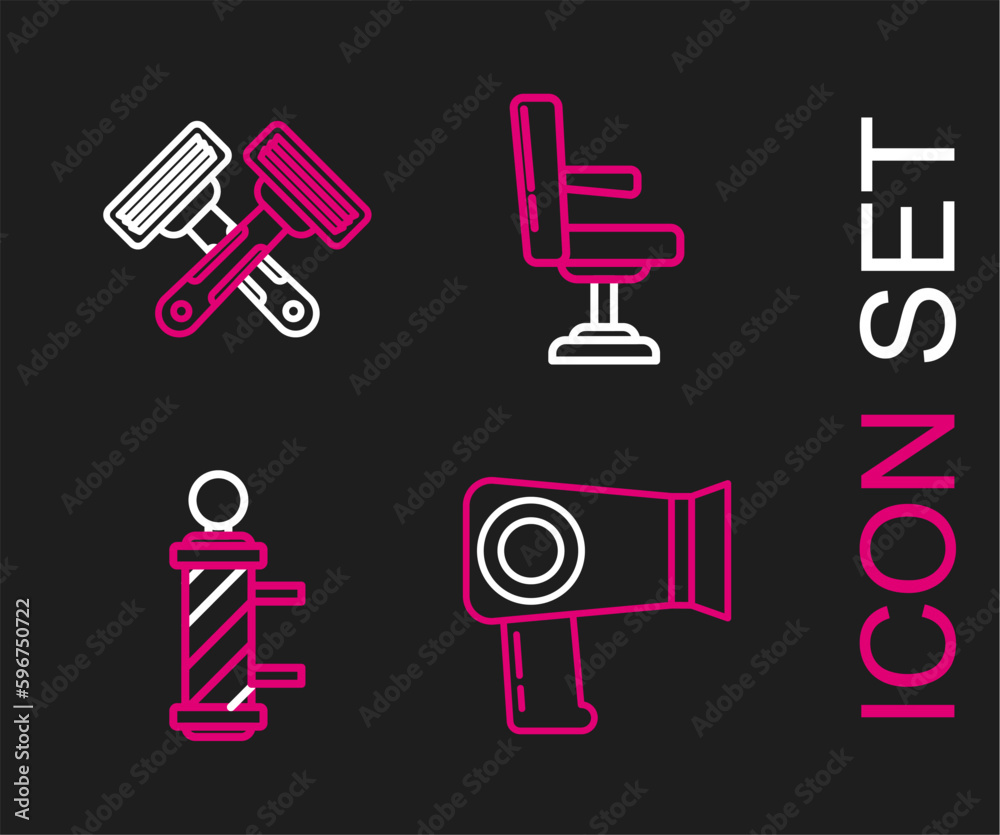 Set line Hair dryer, Classic Barber shop pole, Barbershop chair and Crossed shaving razor icon. Vector Set line Hair dryer, Classic Barber shop pole, Barbershop chair and Crossed shaving razor icon. Vector