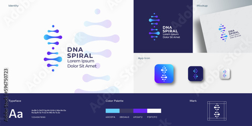 DNA Spiral Abstract Vector Sign Symbol Logo Template. Concept Identity Guide with Modern Typography Realistic Mock Up. Modern Technology, Medicine or Biotechnology Emblem Isolated