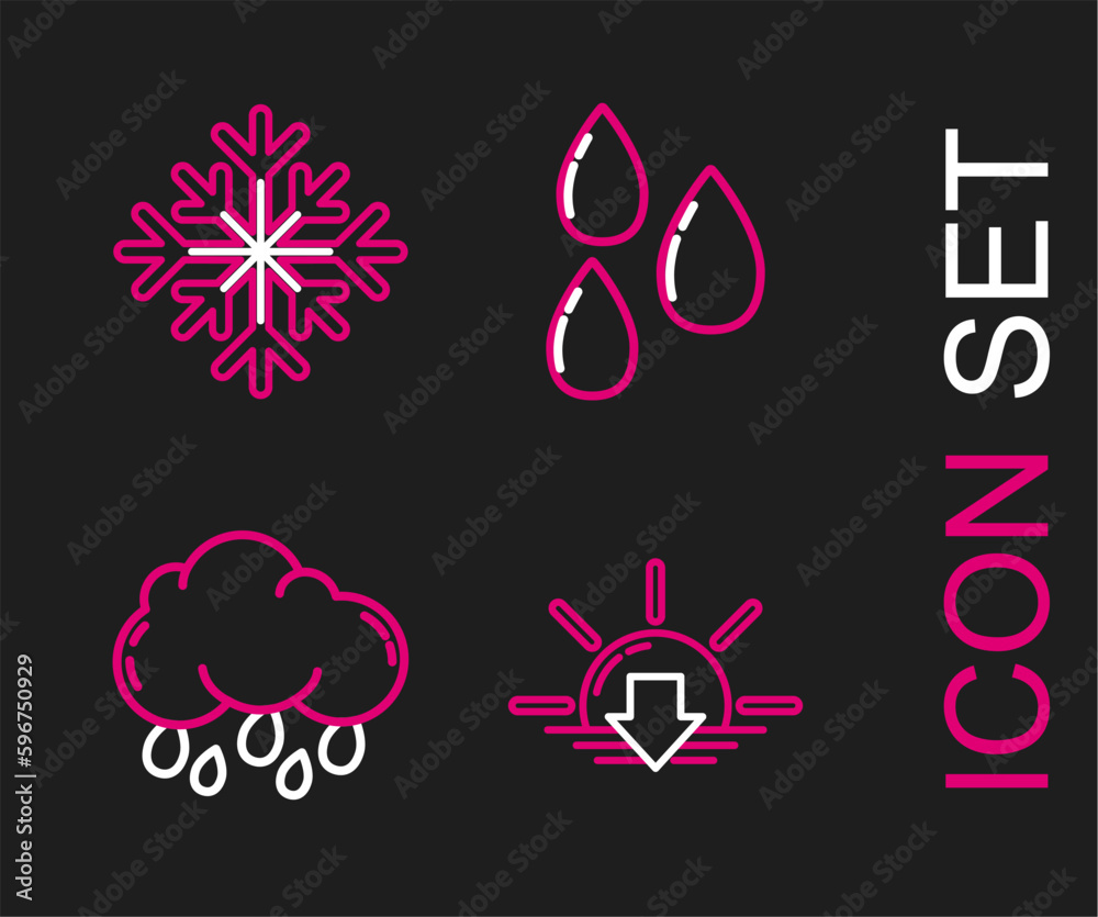 Set line Sunset, Cloud with rain, Water drop and Snowflake icon. Vector