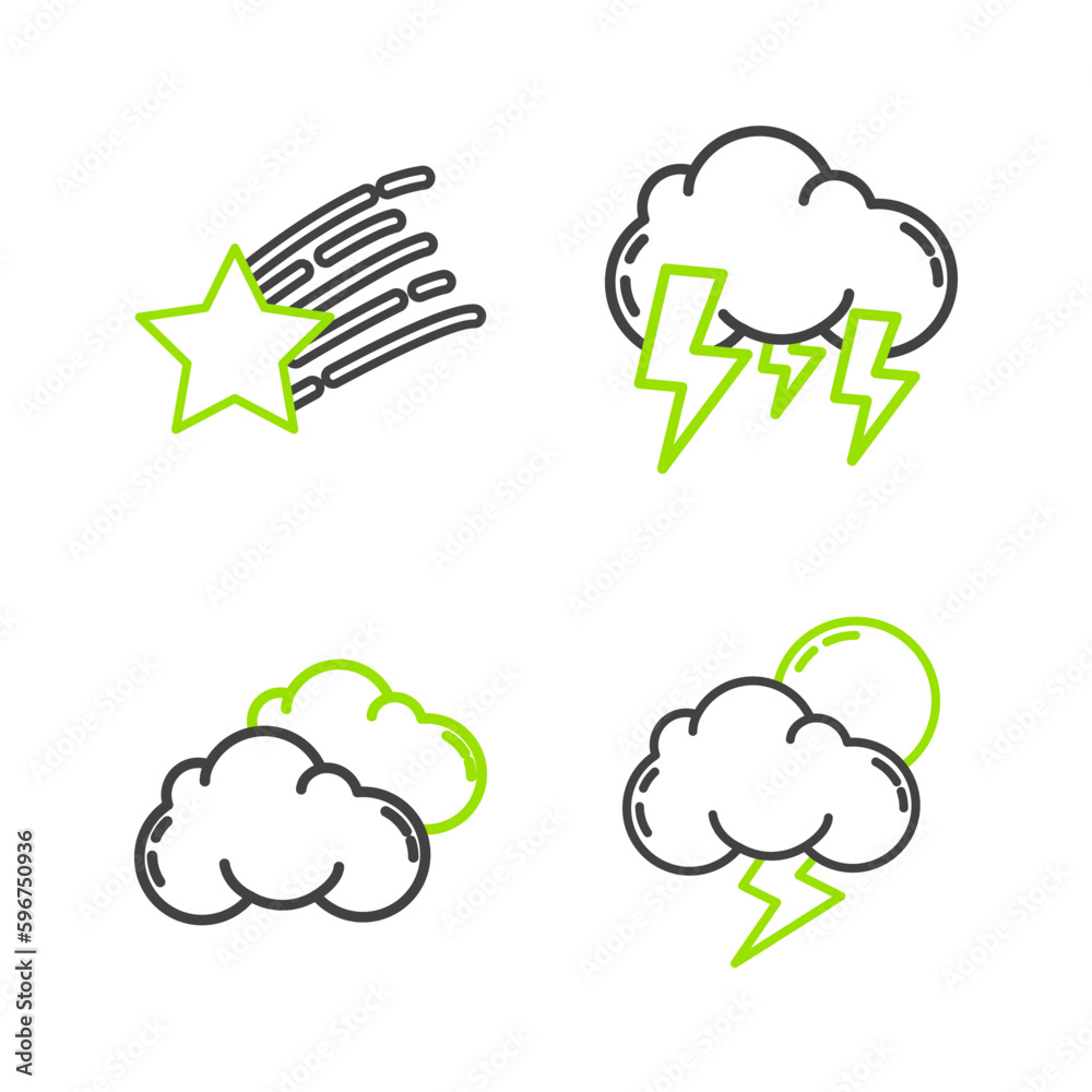 Set line Storm, Cloud, and Falling star icon. Vector Set line Storm, Cloud, and Falling star icon. Vector