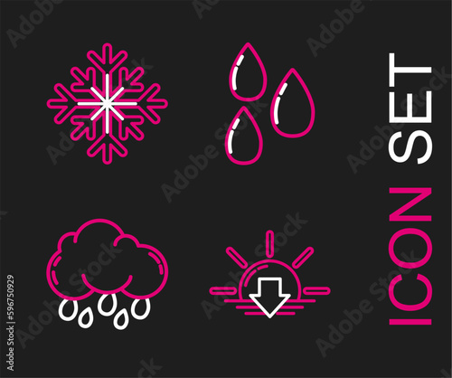 Set line Sunset, Cloud with rain, Water drop and Snowflake icon. Vector