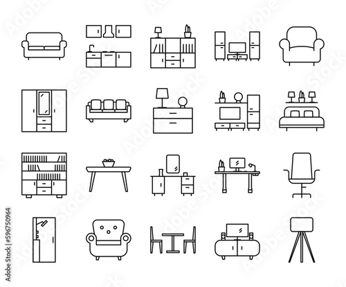 Set of furniture icon with editable stroke line. Home interior living room bedroom and office vector illustrations	