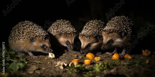 A family of hedgehogs foraging for food in a garden at night, concept of Nocturnal animal behavior, created with Generative AI technology