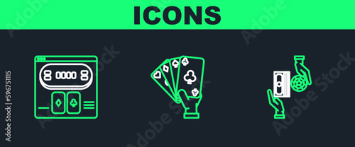 Set line Casino chips exchange on stacks of dollars, Online poker table game and Hand holding playing cards icon. Vector