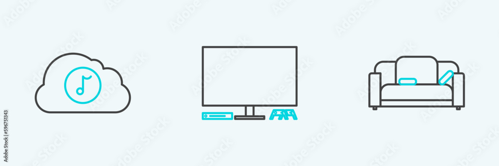 Set line Sofa, Music streaming service and Video game console icon. Vector Set line Sofa, Music streaming service and Video game console icon. Vector
