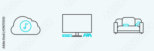 Set line Sofa, Music streaming service and Video game console icon. Vector