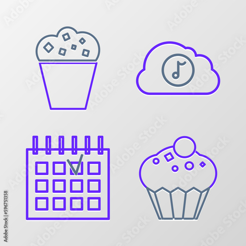 Set line Muffin, Detailed calendar, Music streaming service and Popcorn cardboard box icon. Vector