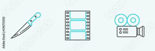 Set line Cinema camera, Knife and Play Video icon. Vector