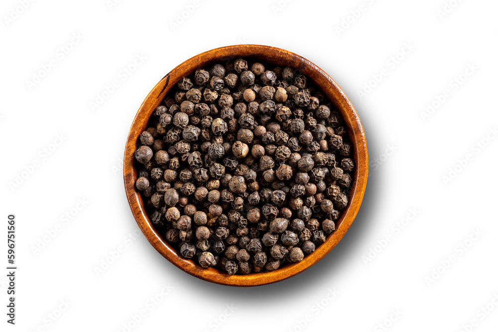 Black pepper seeds bowl. Up view studio shoot on white background. Black pepper seeds bowl. Up view studio shoot on white background.