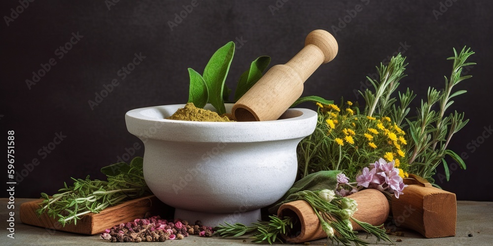 Mortar and pestle surrounded by vibrant, fresh herbs, set against a