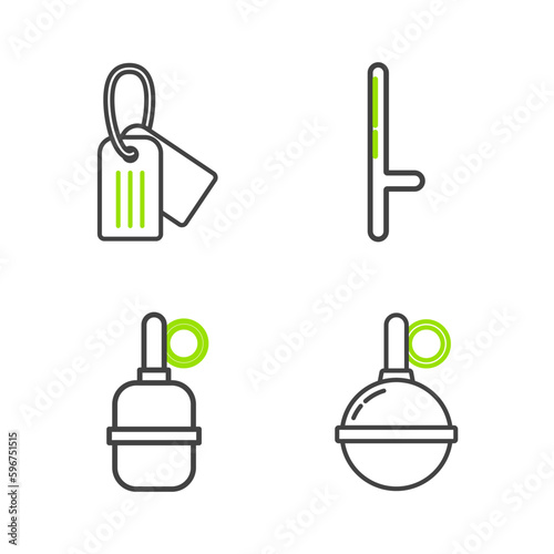 Set line Hand grenade, Police rubber baton and Military dog tag icon. Vector