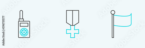 Set line Flag, Walkie talkie and Military reward medal icon. Vector