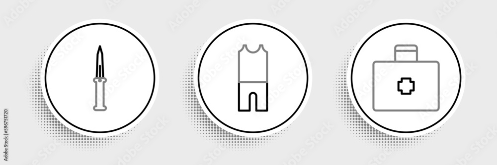 Set line First aid kit, Army knife and Wetsuit for scuba diving icon. Vector Set line First aid kit, Army knife and Wetsuit for scuba diving icon. Vector