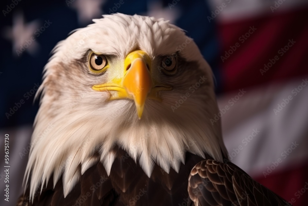 Obraz premium Illustration of an American bald eagle in front of USA's flag. The bald eagle is the emblem of the nation with its' fierce beauty and proud independence symbolizes the strength and freedom of America