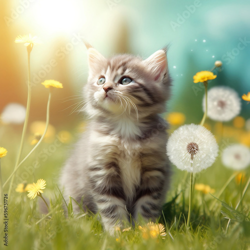 Fluffy kitten sits in the garden on the grass around the flowers dandelions, generated by AI