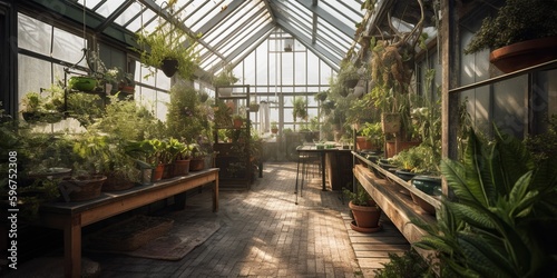 A greenhouse filled with exotic, edible plants, harmoniously combining botany and culinary exploration, concept of Sustainability, created with Generative AI technology