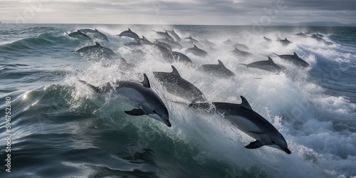 Photography A pod of dolphins jumping in and out of the waves, concept of Marine life behavi