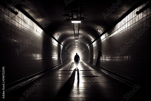 person, walking through the subway tunnel, with their trusty flashlight in hand, created with generative ai