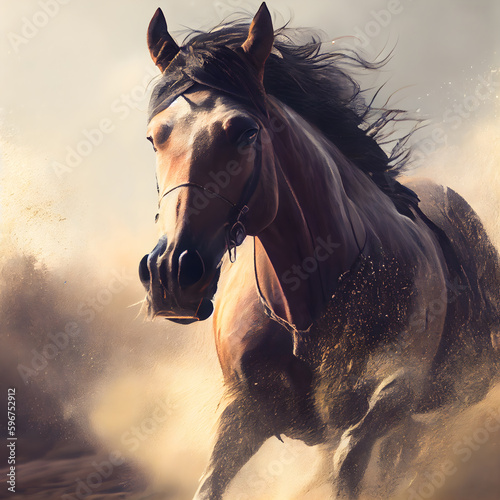 Beautiful bay stallion with long mane portrait in the dust