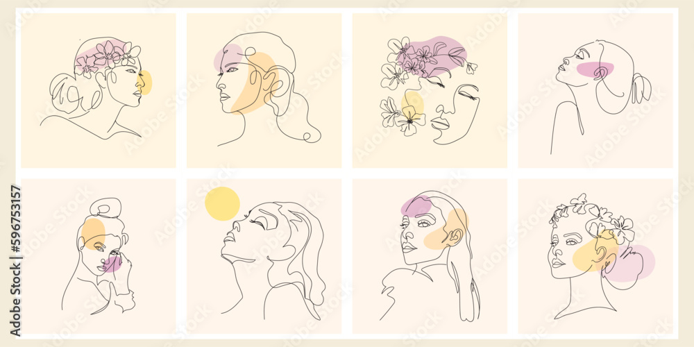 Set of abstract continuous line face person vector illustration collection.