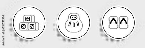 Set line Geta traditional Japanese shoes, Sushi and Maneki neko cat icon. Vector