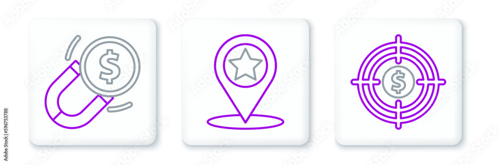 Set line Target with dollar, Magnet money and Map pointer star icon. Vector