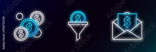 Set line Envelope with coin dollar, Coin money and Lead management icon. Glowing neon. Vector