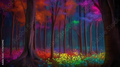ai generated photos of A forest of rainbow-colored trees and magic animals with vines that glow in the dark and flowers that sing when the wind blows,photorealistic