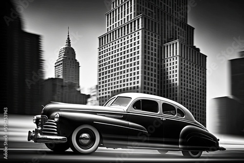 classic car speeding past modern buildings and towering skyscrapers, created with generative ai
