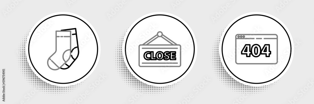 Set line Page with a 404 error, Socks and Hanging sign Closed icon. Vector Set line Page with a 404 error, Socks and Hanging sign Closed icon. Vector