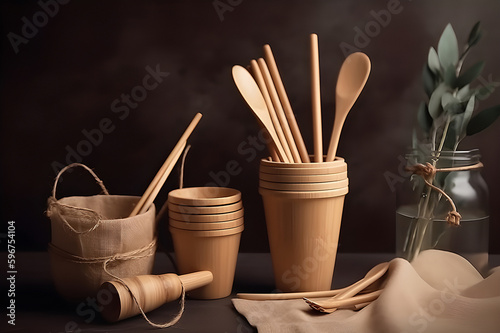 bamboo drinking straws, biodegradable containers, wooden cutlery. Copy space. Zero waste concept. Generative ai