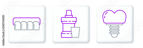 Set line Dental implant, Dentures model and Mouthwash plastic bottle icon. Vector