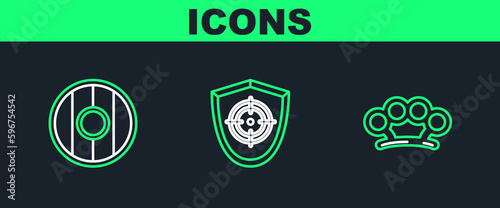 Set line Brass knuckles, Round wooden shield and Target sport icon. Vector