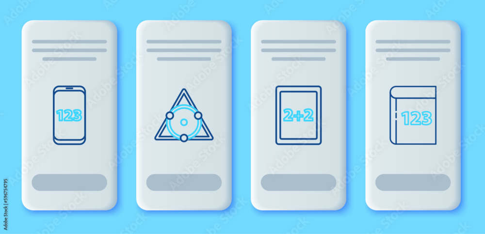 Set line Triangle math, Tablet with calculator, Mobile interface and Book word mathematics icon. Vector