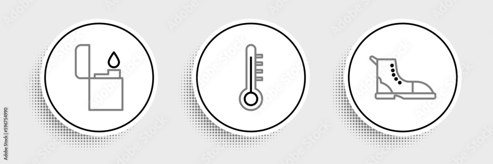 Set line Hiking boot, Lighter and Meteorology thermometer icon. Vector Set line Hiking boot, Lighter and Meteorology thermometer icon. Vector