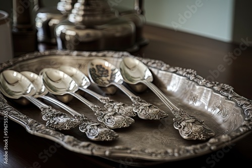 tray of antique silver spoons, ready to be used for breakfast or tea, created with generative ai