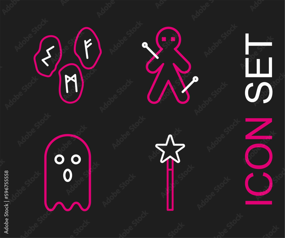Set line Magic wand, Ghost, Voodoo doll and runes icon. Vector